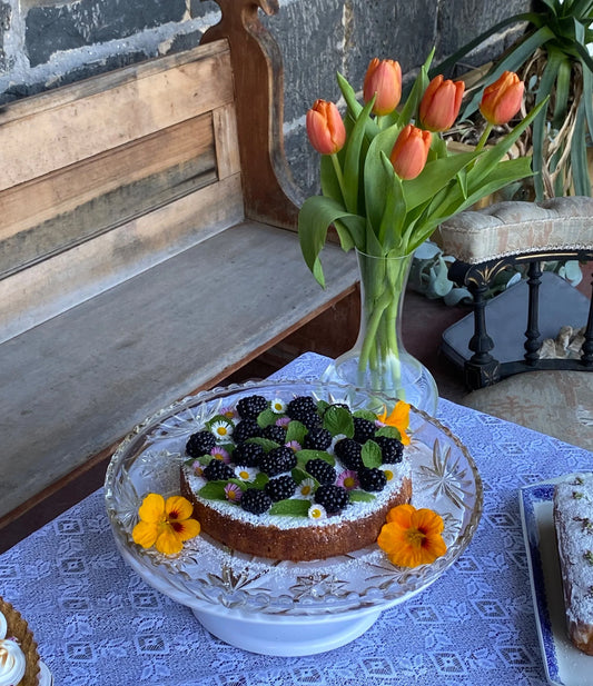 Sammy’s Rhubarb, Blackberry Polenta Cake with Orange Glaze